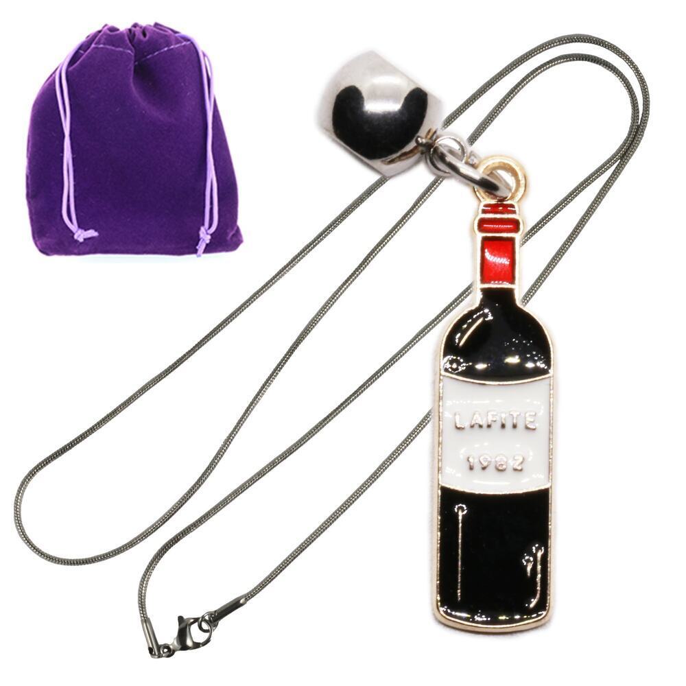 Red Wine Bottle Pendant Necklace With Lafite 1982 Enamel Charm, Purple Pouch